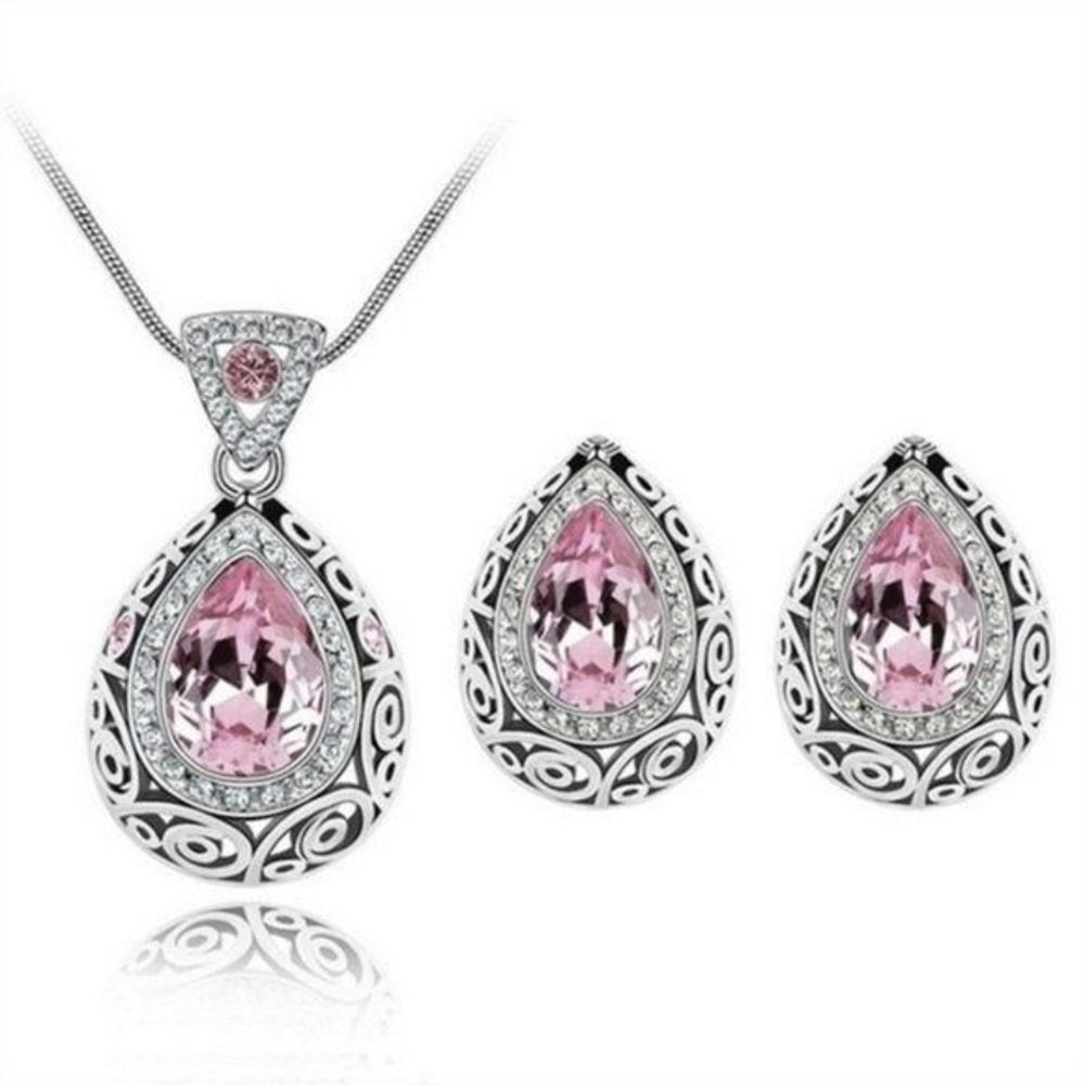 NEW Pink & Clear Faceted Stone Earring & Necklace Set